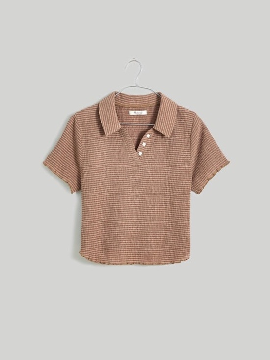 Madewell Tops - Madewell Brown tan stripe crinkle crop polo tee shirt ruffle button small